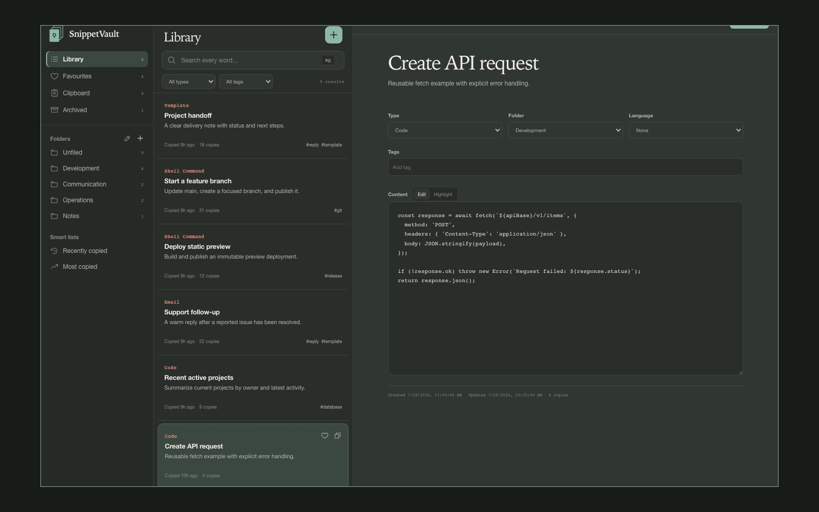 SnippetVault in dark appearance showing a code snippet.
