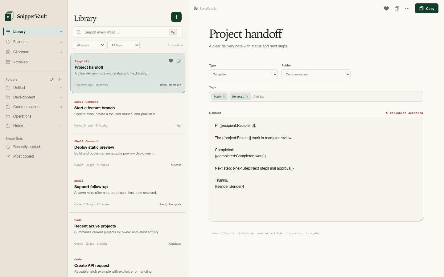 SnippetVault’s library with templates, commands, and notes.