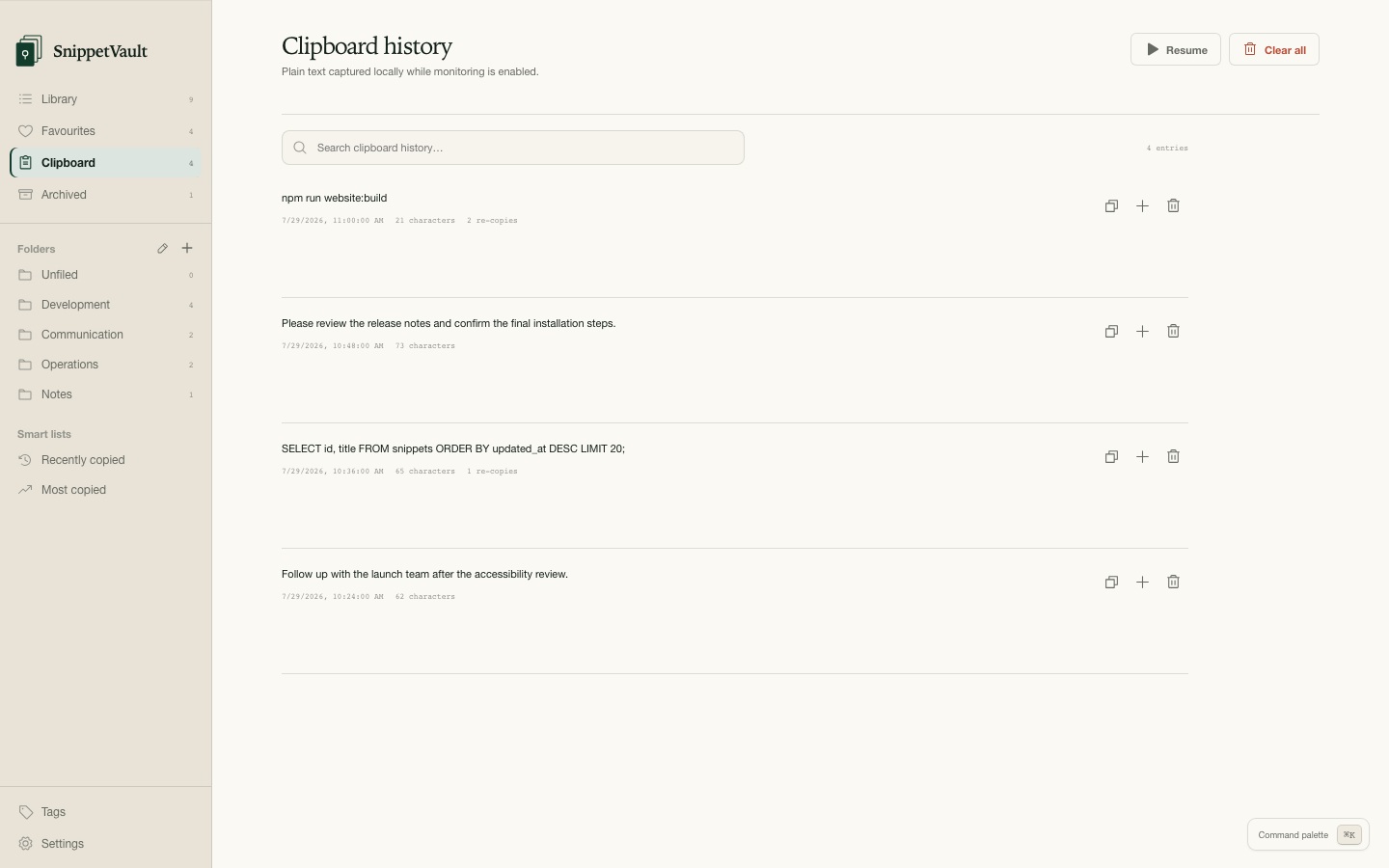 Paused clipboard history containing useful commands and notes.