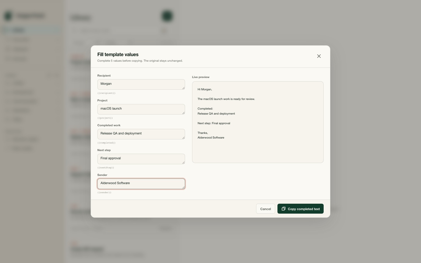 Template variables filled with values beside a live preview.